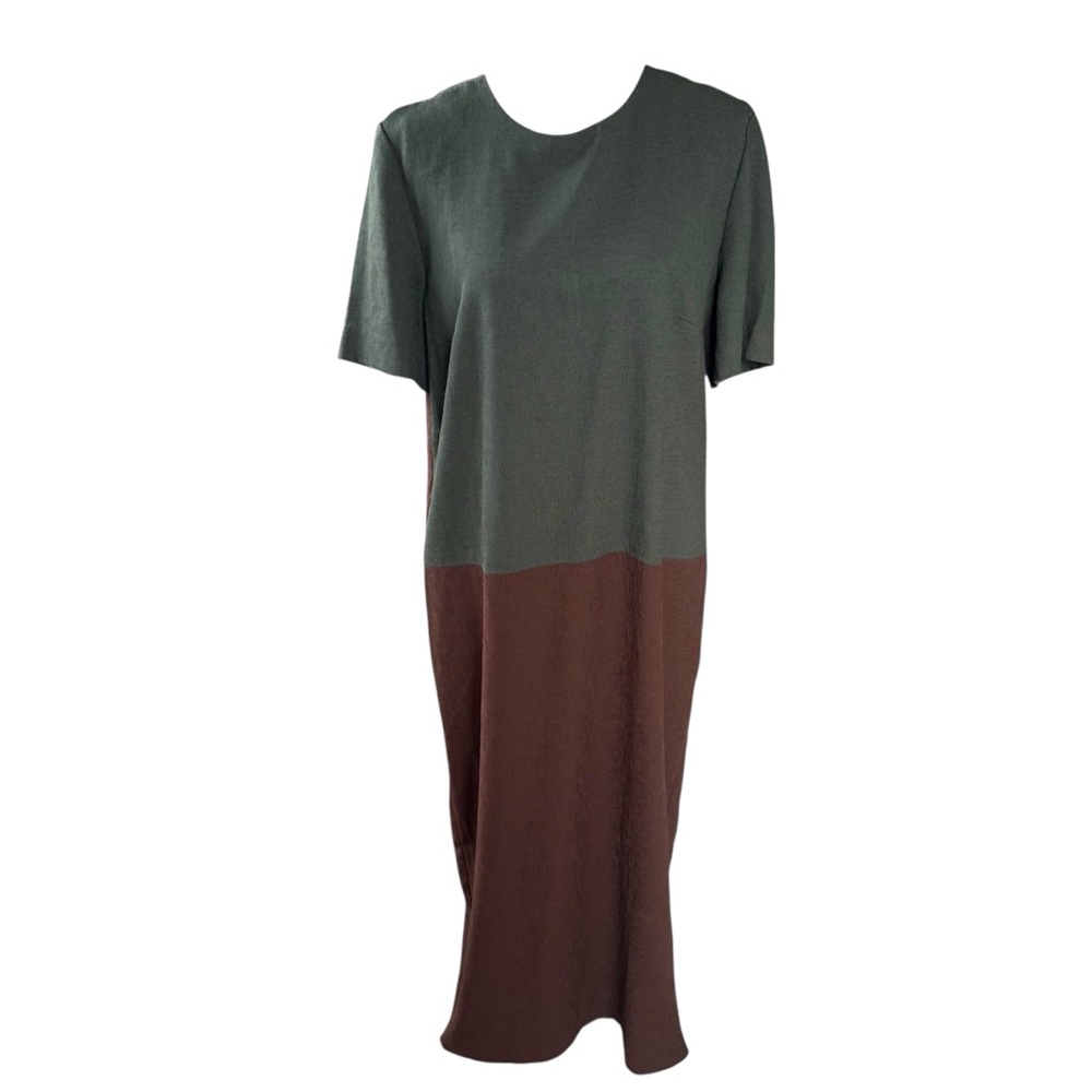 Vtg Leslie Fay y2k colorblock Green Brown midi Dress short sleeve women 16